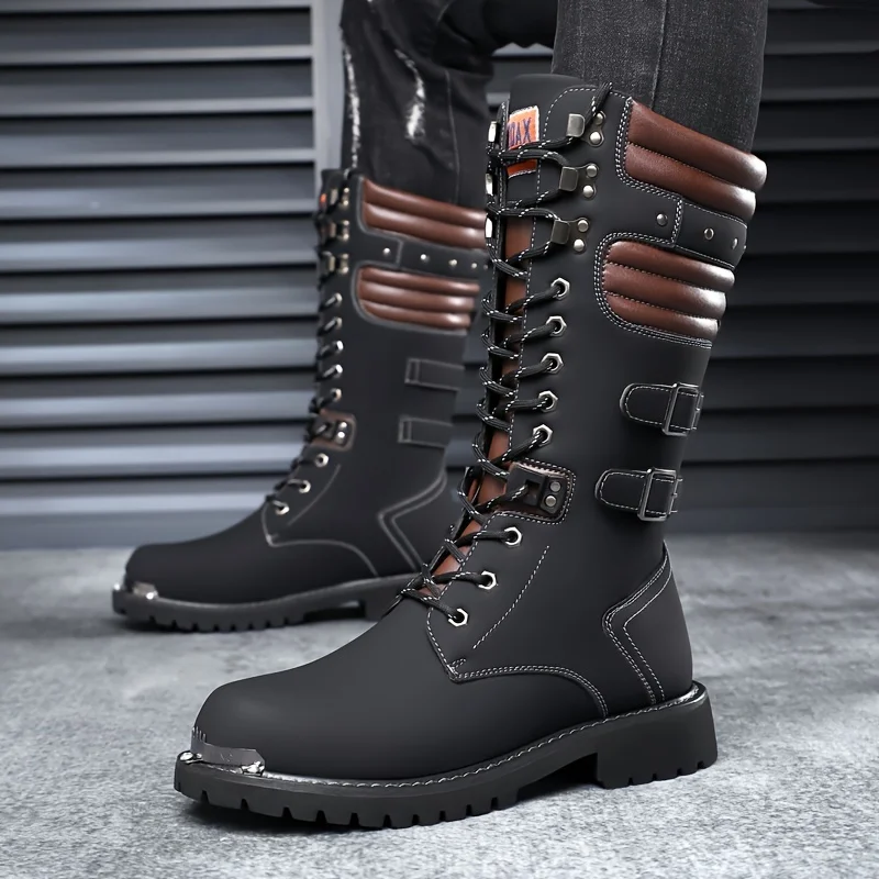 Men Punk Style Black New Personalized Fashion High Top Boots with Metal Splicing  Buckle High-end Fashion Motorcycle Boots