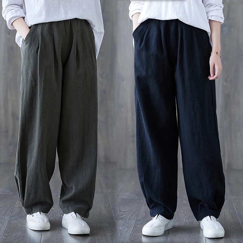 Luźne damskie spodnie z lnu i bawełny, spodnie typu harlan, długie spodnie wyszczuplające z szerokimi nogawkami, wygodne, codzienne, w stylu koreańskim.