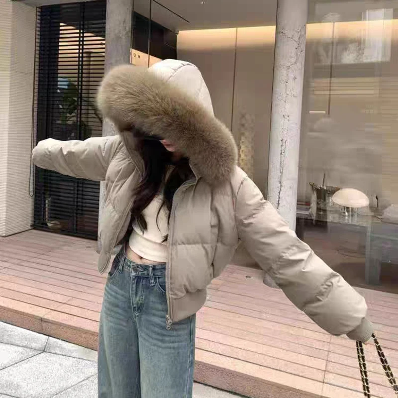 Winter Short Hooded Natural Fur Collar Down Jacket Female Double Zipper Casual Jackets Women White Duck Down Parker Outwears