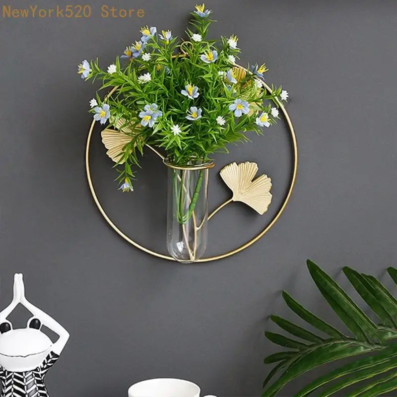Wall Hanging Plants Vase with Metal Ginkgo Frame Stand Geometric Glass Test Tube Hydroponic Planters