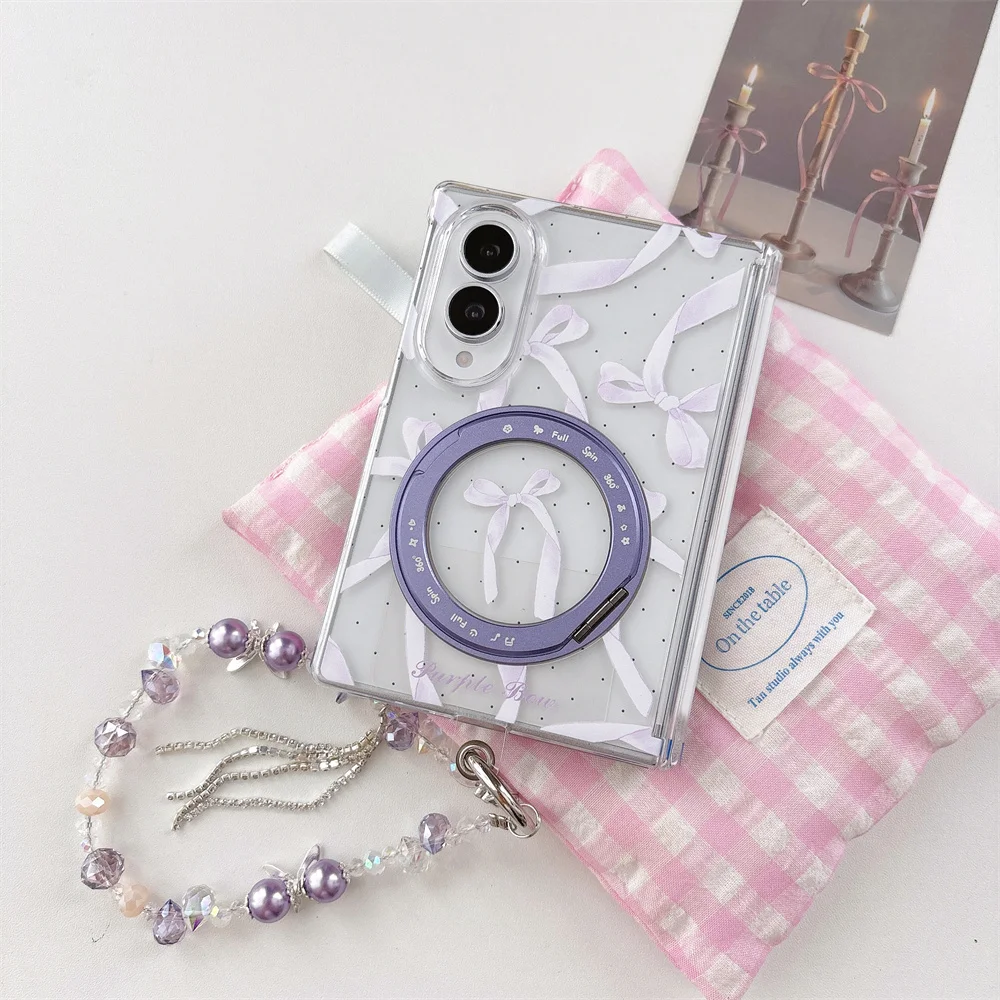 Phone Case For Samsung Galaxy Z Fold 8 Purple Bow Print Magnetic Ring Holder Shockproof Clear Cover With Pearl Beaded Girls