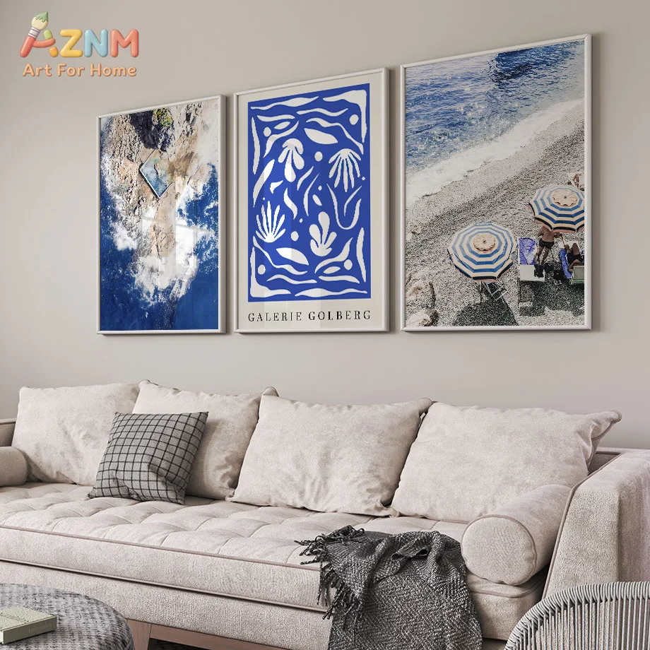 AZNM Frameless Canvas Poster Mediterranean Sea Coast Print, Beach Yacht Rock Cliff Abstract Seagull Blue Tone Photography Wall A