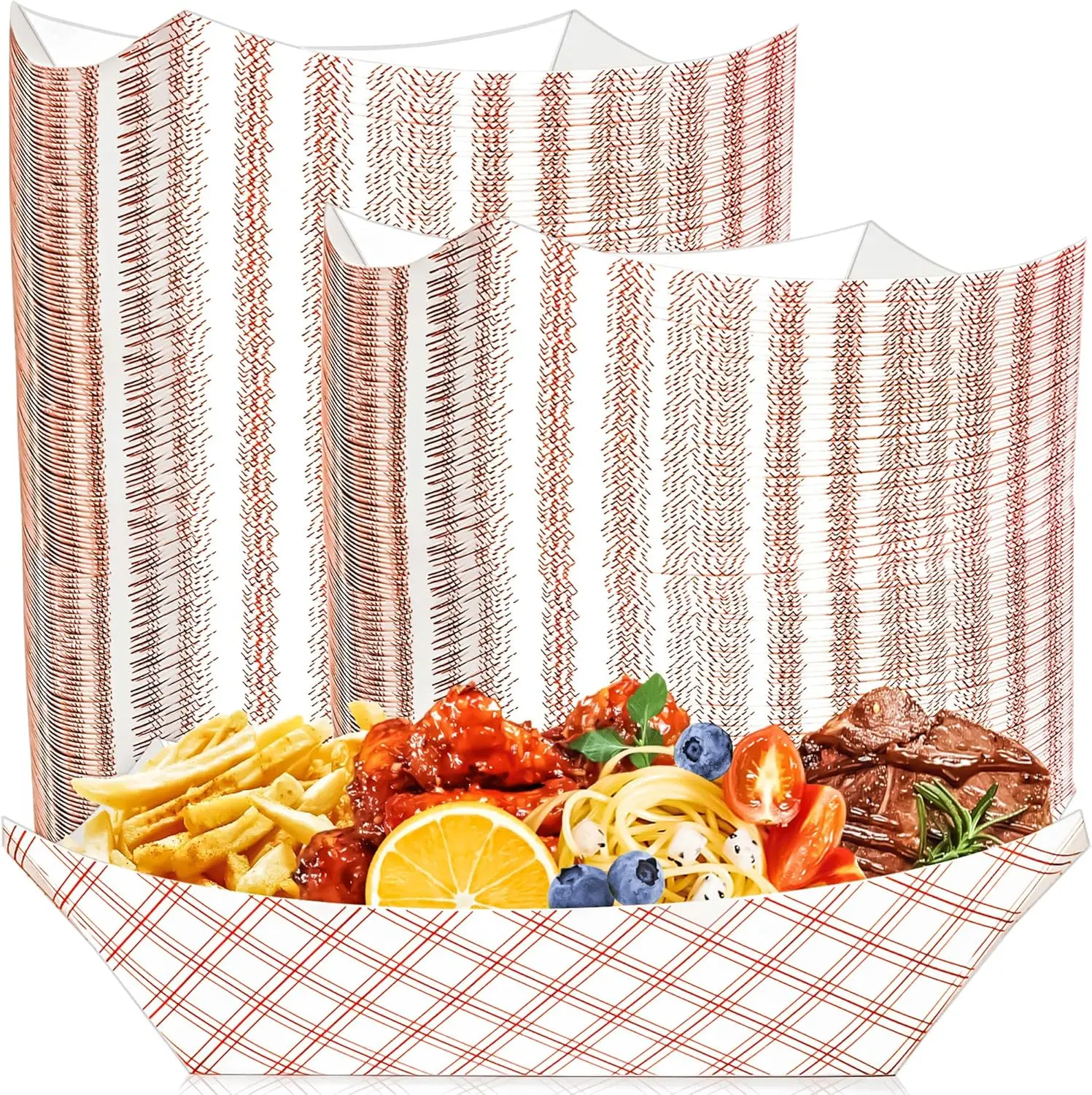 100 Pack Checkered Paper Food Boat Trays, 3Lb Disposable Kraft Bowls for Snack Sandwich Taco Fries BBQ