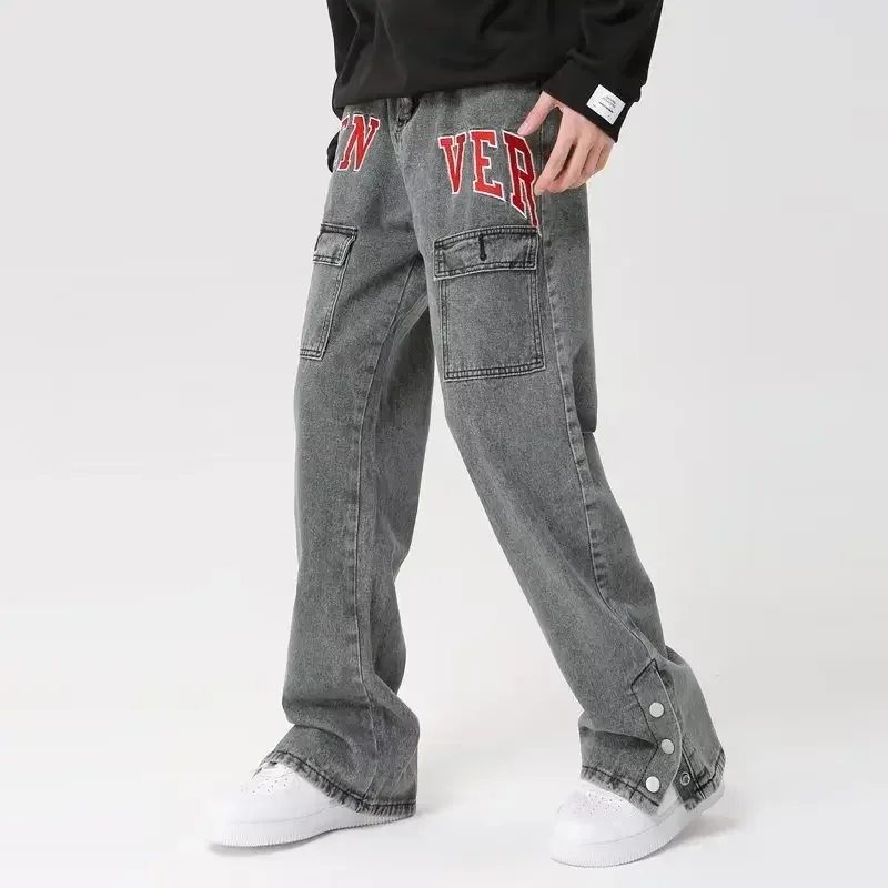 2024 Vibe Style Letter Embroidery Vintage Grey Baggy Men Jeans Pants Y2K Clothes Straight Hip Hop Loose Denim Trousers Vaqueros