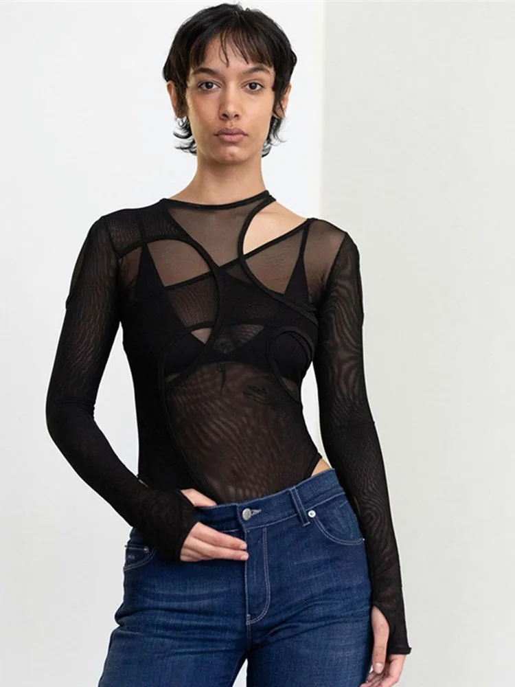 Bodysuit monocromático e translúcido para mulheres, sexy design oco, macacões top, slim fit para rua, roupas de clube femininas, verão