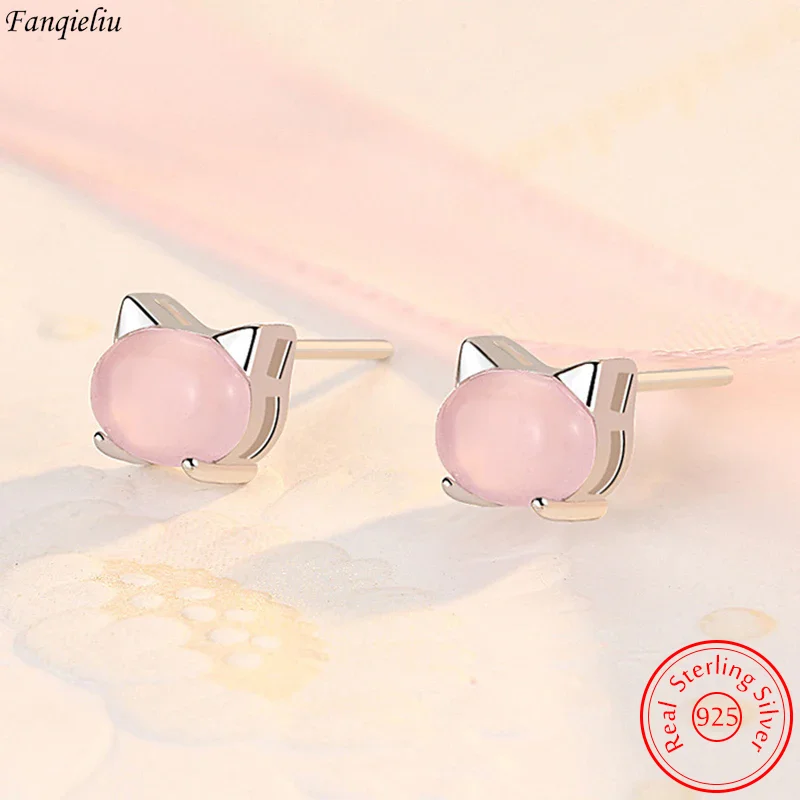 

Fanqieliu Real 925 Sterling Silver Jewelry Opal Cute Cat Stud Earrings For Woman Fashion New FQL23719