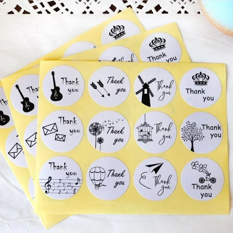 120 Blatt schwarz-weiße Musiknoten-Siegelaufkleber, Vogelkäfig, Gitarre, DANKE, Schreibwaren, Sammelalbum, Etikett, selbstklebend, rund