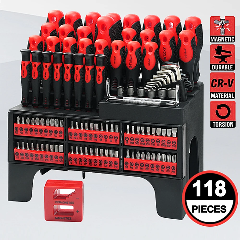 118PCS Magnetic Screwdriver Set with Plastic Racking Nickel Chromium Steel Screw Driver Bits DIY Proefessional Repair Tools Kit