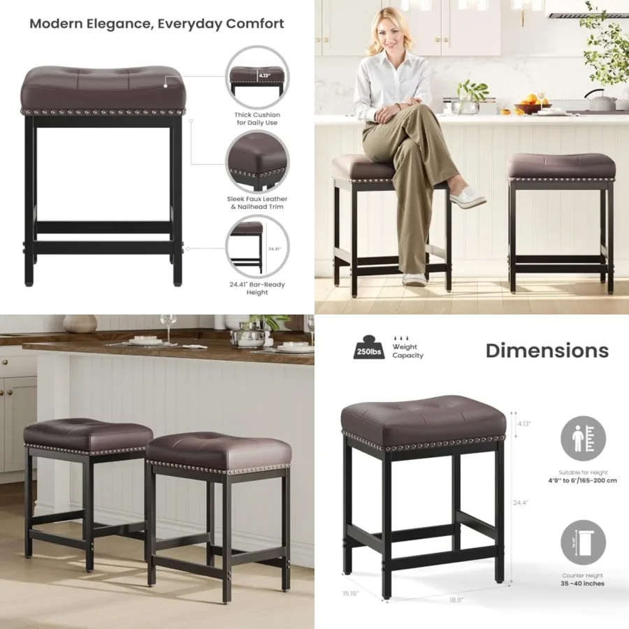 

Saddle Bar Stools Counter Height.", Backless Barstools for Kitchen Island, Modern PU Leather Cushioned Seat, Bar Chairs for Kit