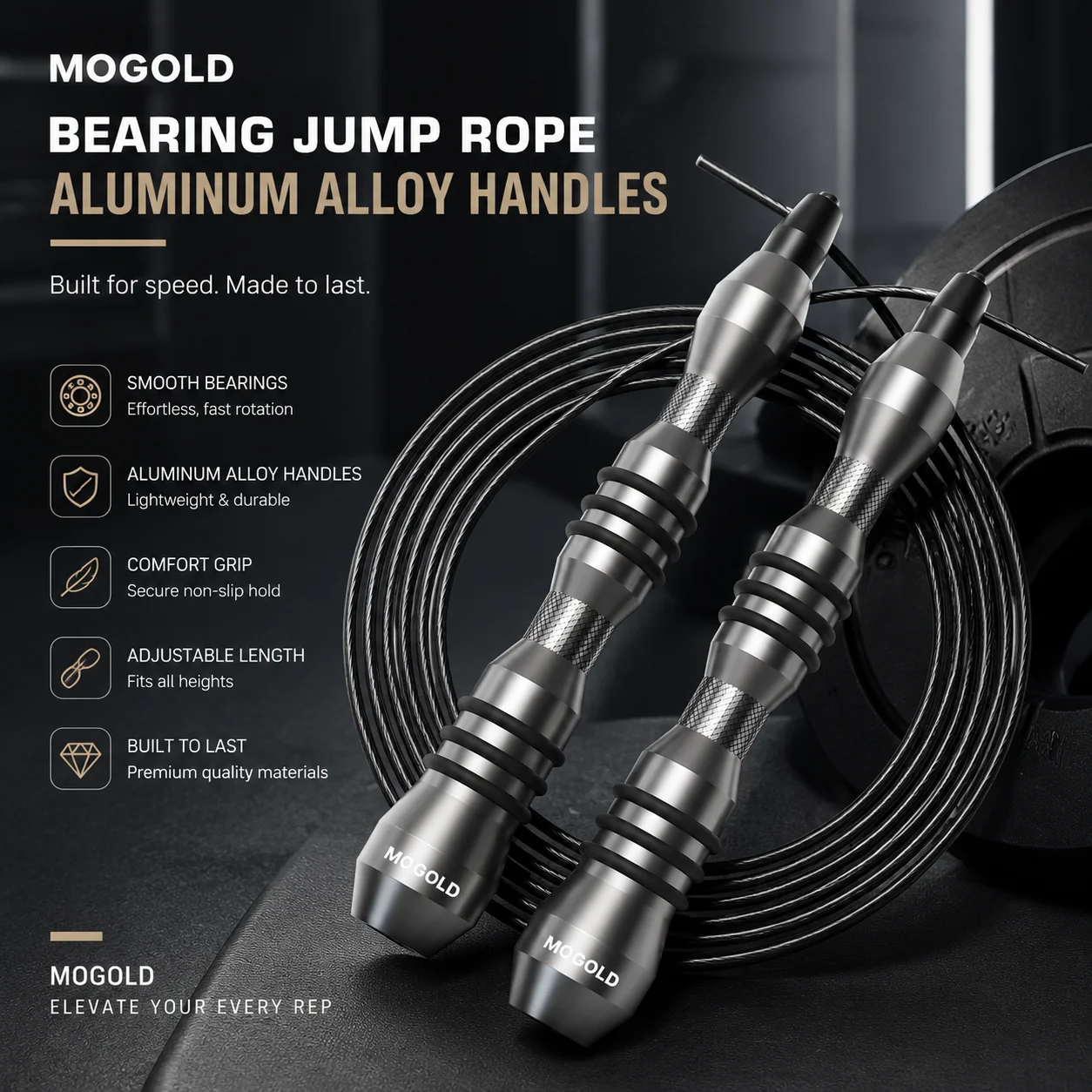 MOGOLD Pro Jump Rope – Precision Bearings, Steel Wire, Non-Slip Grip, Instantly Adjustable