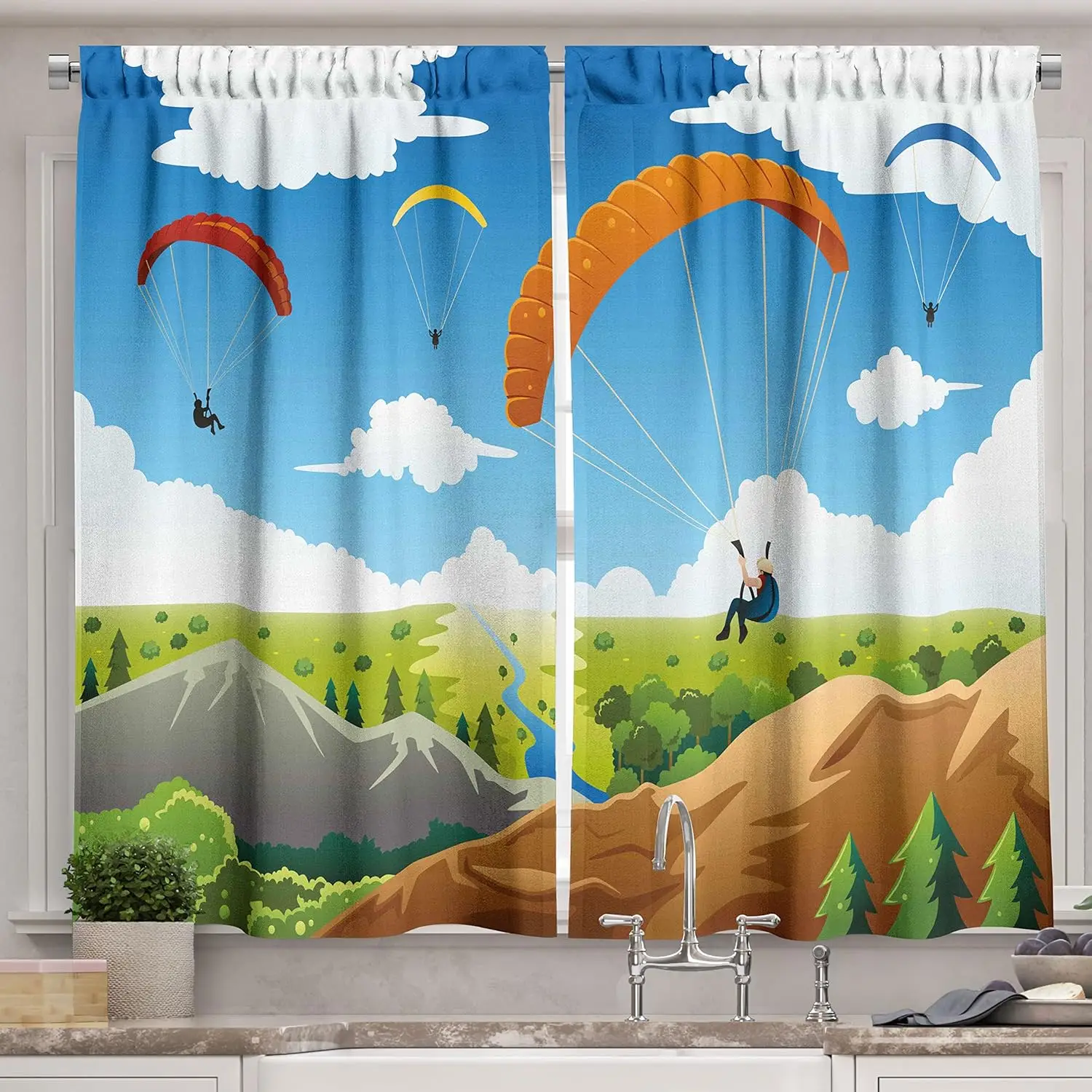 Cartoon Kitchen Curtains, Parachute Landscape Mountain River Clouds Palm Trees Kids Nursery Image Landscape, Window Drapes