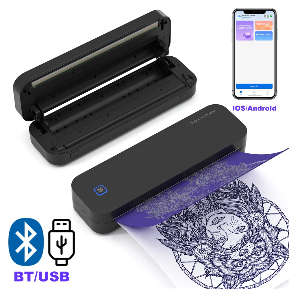 Wireless Tattoo Thermal Printer Tattoo Transfer Stencil Printer Machine A4 Portable Printer Compatible with Smartphone & PC