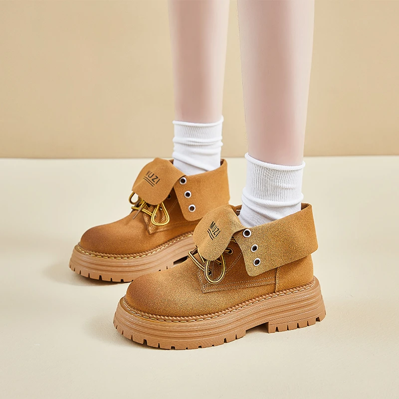 

Spring Autumn Women's Lace-Up Ankle Boots Thick-Soled Wasteland Style Tooling Boots Fashion Platform Mid-Heel Suede Riding Boots