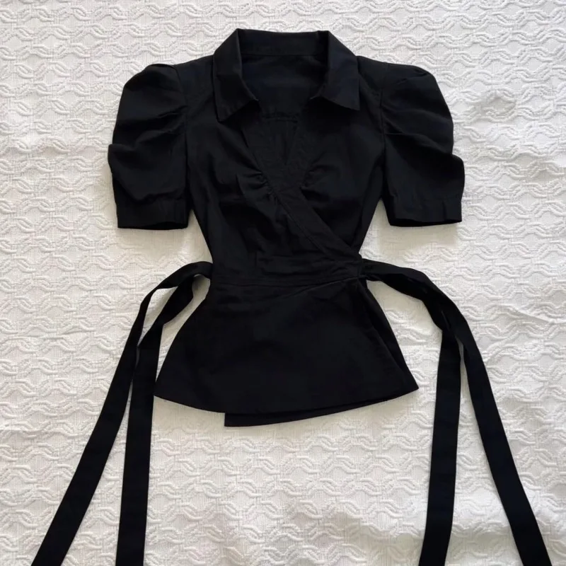 Kimotimo Women Shirts French Vintage Solid Puff Sleeve V Neck Cross Bandage Waist Crop Top Elegant Slim Y2k Aesthetic Blouse Ins