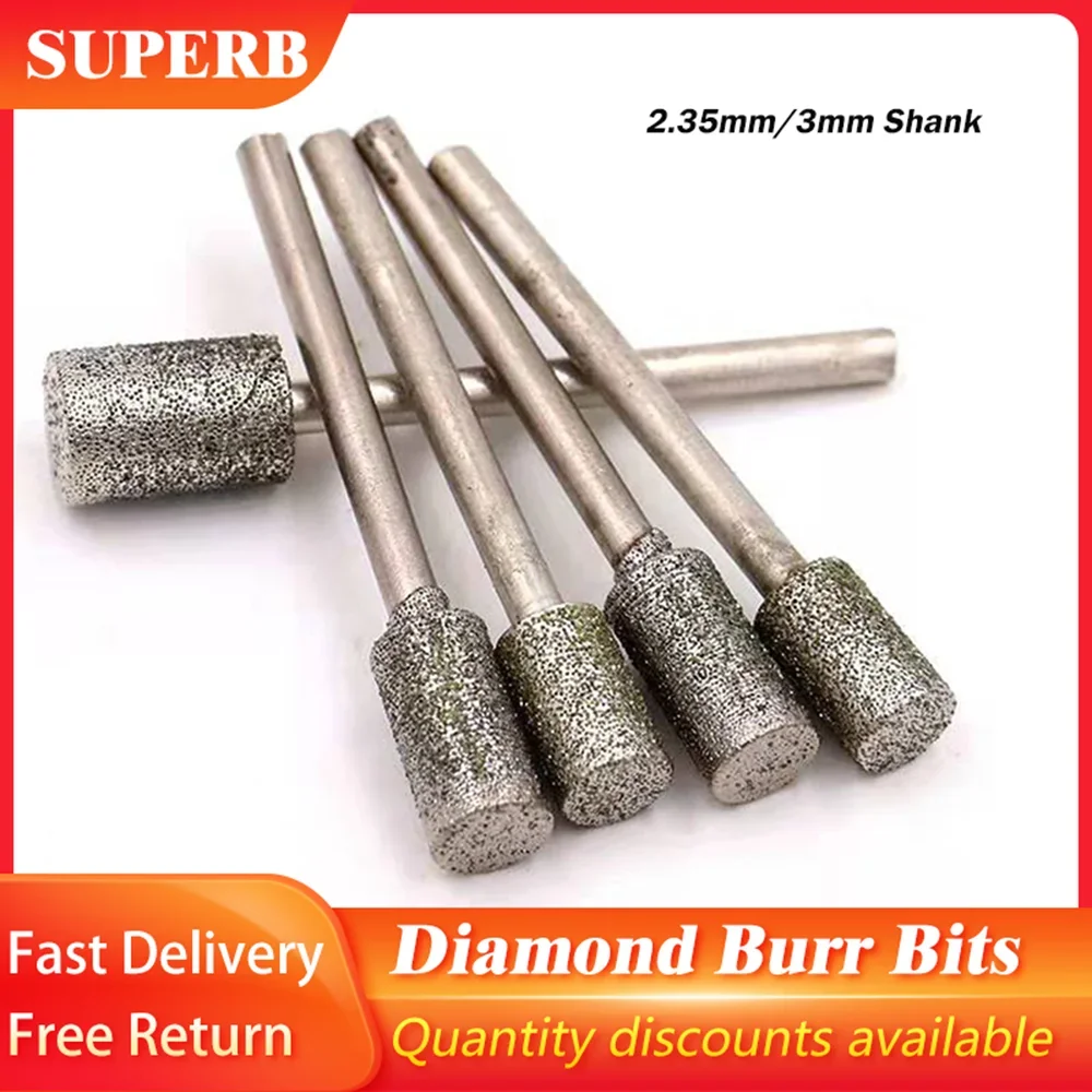 1/5/10PCS Diamond Burr Bits 0.5-10mm Cylinder Diamond Grinding Head 2.35/3mm Shank Dremel Rotary Tool For Stone Jade Gemstone