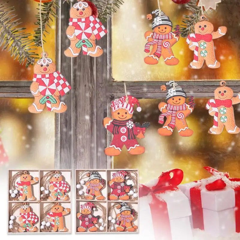 ขนมปังขิงไม้สําหรับคริสต์มาส 12X ไม้ Gingerbread Man Wall ต้นไม้เครื่องประดับตามฤดูกาล 4 รูปแบบ Gingerbread Man Lanyard