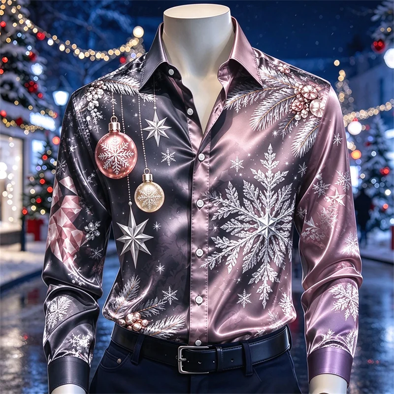 New men's shirt blue purple satin silver snowflake pine branch crystal geometric star print slim Christmas shirt