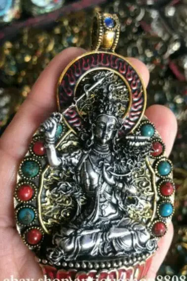 Tibet Buddhism Bronze Turquoise Silver Wenshu Manjushri Guan Yin Pendant Statue