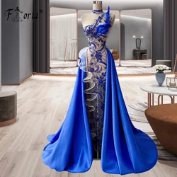 Dubai Royal Blue Mermaid Luxury Evening Dresses Beads Flower Feather Overskirt Elegant Woman Wedding Party فساتين مناسبة رسمية