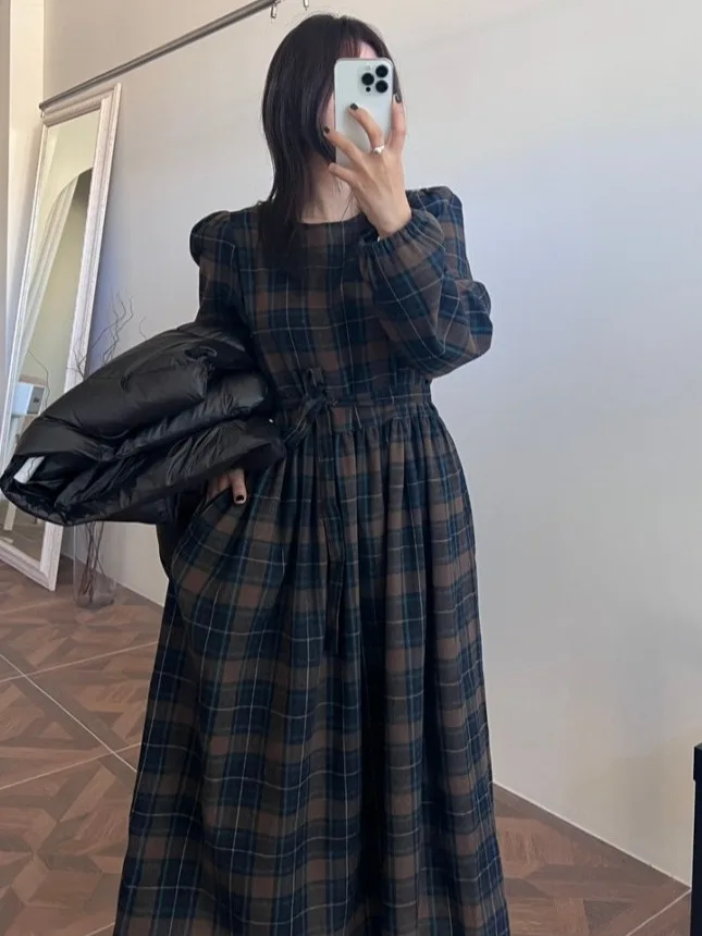 

Ретро-платье в клетку для женщин: осенне-зимнее, с завышенной талией, стройнящее, модное, для офиса, в корейском стиле, с длинным рукавом