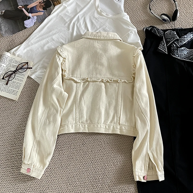 Women Beige Short Denim Jacket - đánh giá và giá Embroidery Cardigan