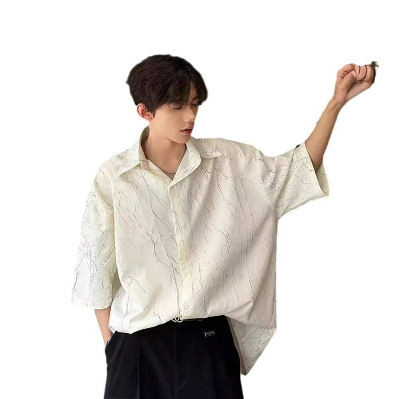 Yuppie Style Ice Silk Short-sleeved Shirt Men's Summer Thin Metal Texture High-end Shirt Casual Ruffian Handsome Jacket Fashion