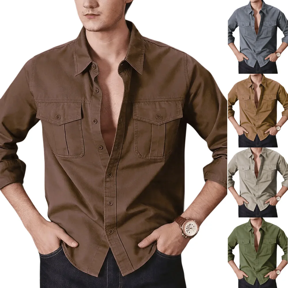 Men's Cotton Cargo Work Shirt Spring Autumn Long Sleeve Button Down Casual Workwear Tops With Multi-Pockets