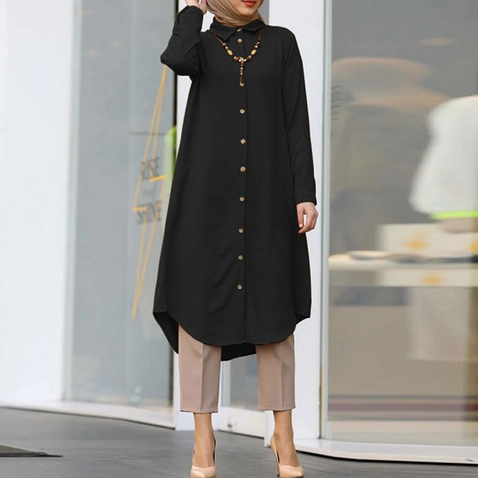 Dames Moslim Lange Mouw Knoop Abaya Casual Jurk Dubai Outfits Met Knoop Effen Over Knielengte Slanke Dames Moslim Jurk