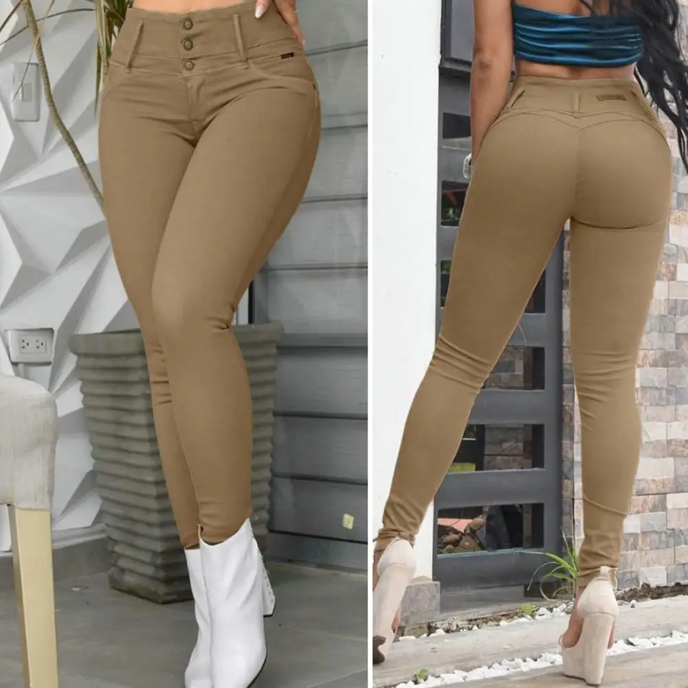 

Plus Size Leggings Stylish Women's High Waist Slim Fit Leggings Office-ready Trousers with Button Fly Hip Wrap Detail Casual