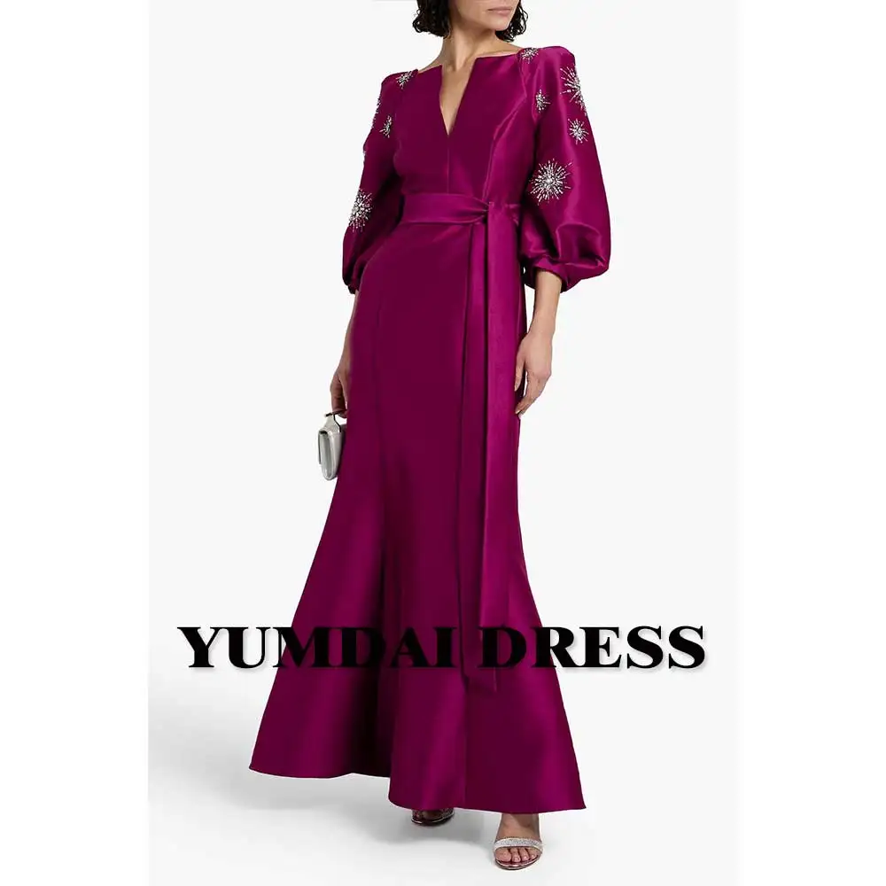 YUMDAI Arabian Burgundy Evening Dress Puff Sleeve Women\'s Wedding Luxury Dubai Formal Party Dress 2024 Special Occasion Mom Gown