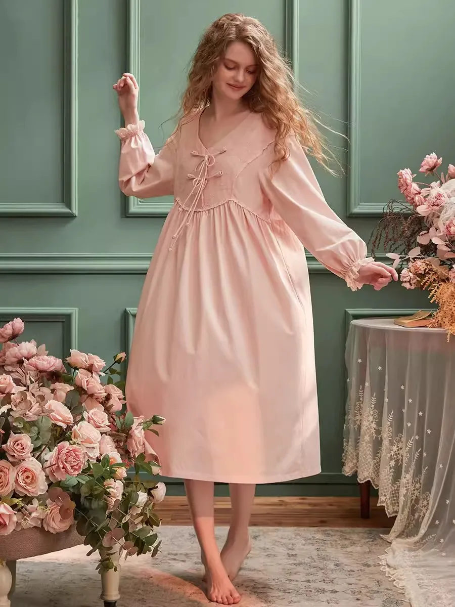 Sweet Cotton Sweet Princess Sleepwear Long Sleeve Elegant Female Solid Color Long Nightgowns Girls Spring Loose Nightwear