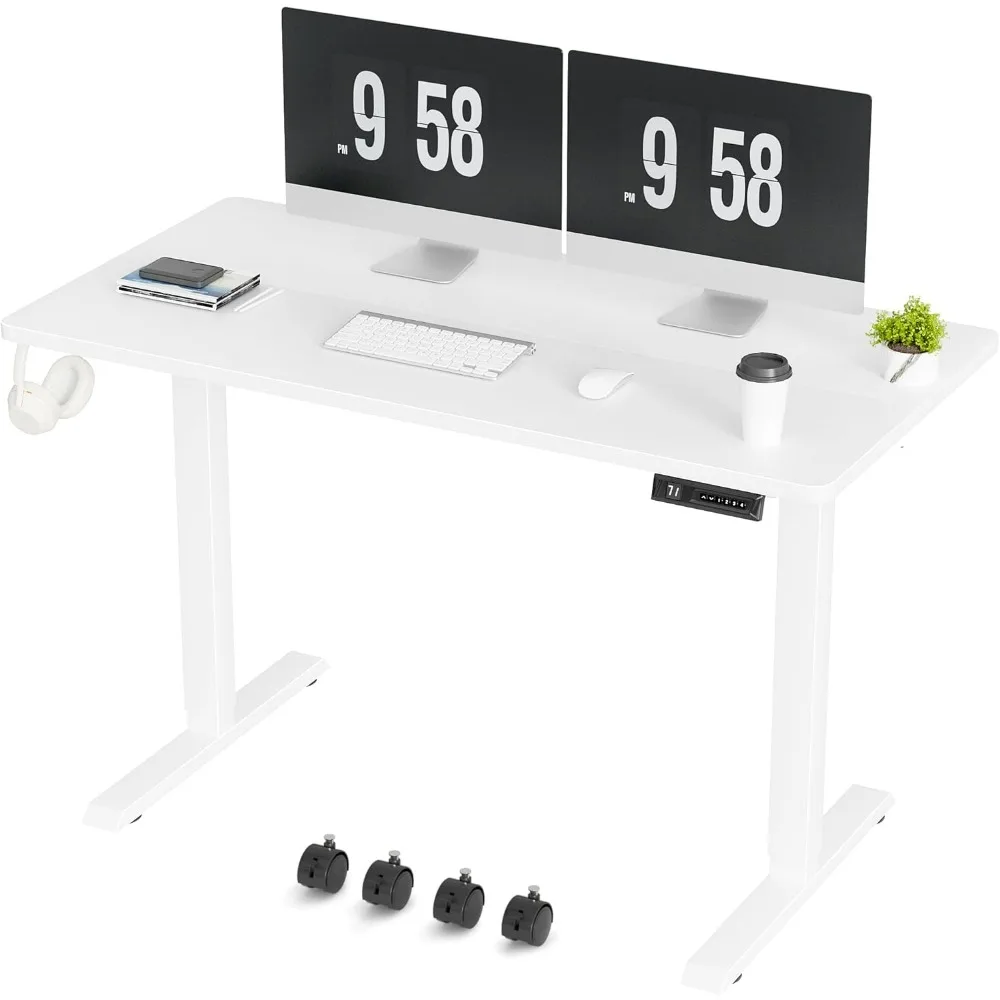 Furmax Electric Standing Desk, 47 x 24 Inches Height Adjustable Desk with Removable Casters, Home Office Computer Desk (White)