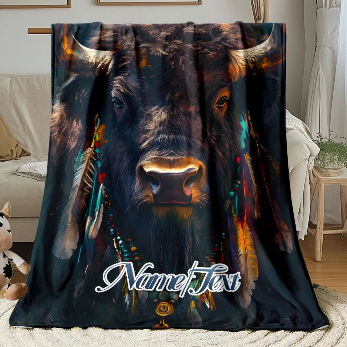 Custom Name Flannel Blanket with Bull Head & Feather Design Soft Cozy All Seasons for Bedding or Home Decor Blanket for Bed