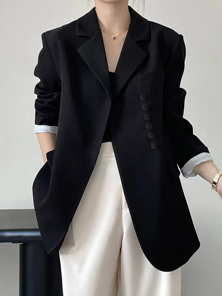 QNPQYX New Women Notched Pocket Blazer Coat Korean Solid Color Long Sleeve Suit Jacket Coats Spring Autumn New Button Top 6Y6507