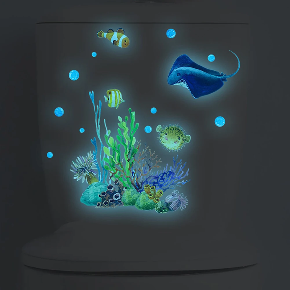 Glow in the Dark Aquatic Theme Wall Stickers for Bathroom Interior Walls Toilet Lids and Aquarium Glass Panels PVC Based