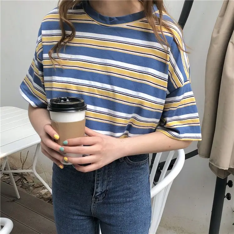 

Loose Striped Short Sleeve T-Shirt Women's Summer round Neck Versatile Top Hong Kong Style Retro Half Sleeve INS Japanese Sty...