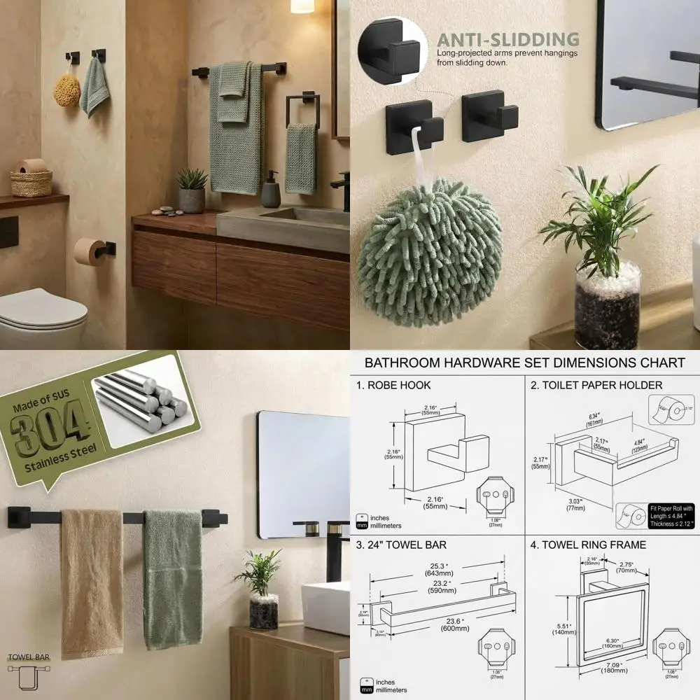 

5-Piece Matte Black Stainless Steel Bathroom Accessory Set with 23.6 Towel Bar