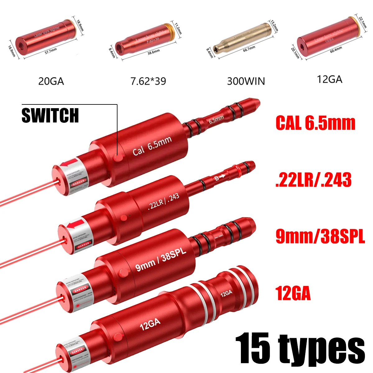 

Tactical Gun Bore Sight Boresighter 5.45x39 .45 3030 8x57JRS 7.57R .308 3006 .40 9x19mm Hunting Laser Collimator Red Laser Sight