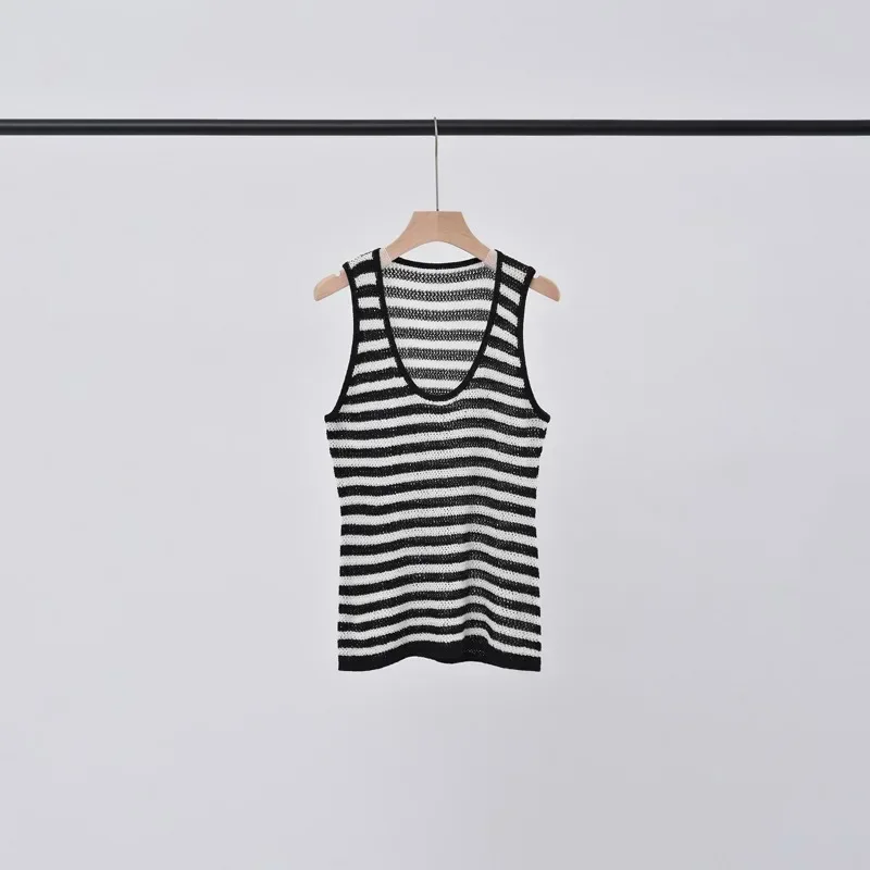 

2024 Summer New Color Clashing Stripes Hollow U-neck Knit Sleeveless Tops Cotton and Linen Blend Undershirt Women