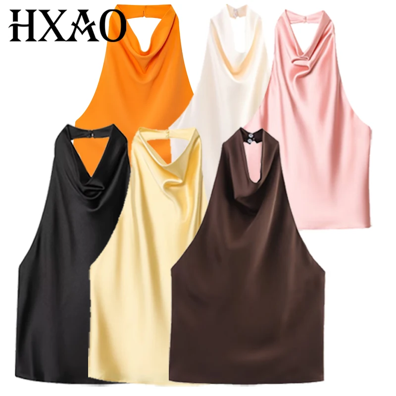 HXAO الساتان الرسن الأعلى المرأة الصيف 2025 أسود أصفر الدبابات وكاميس المحاصيل السلس قبالة الكتف تانك القمم أكمام سترات عارية الذراعين