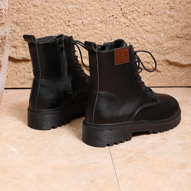 أحذية عمل كلاسيكية مكتنزة للنساء، أحذية كاحل جلدية ناعمة برباط أسود، أحذية لراكبي الدراجات النارية متعددة الاستخدامات لخريف وشتاء تطول الساقين #5