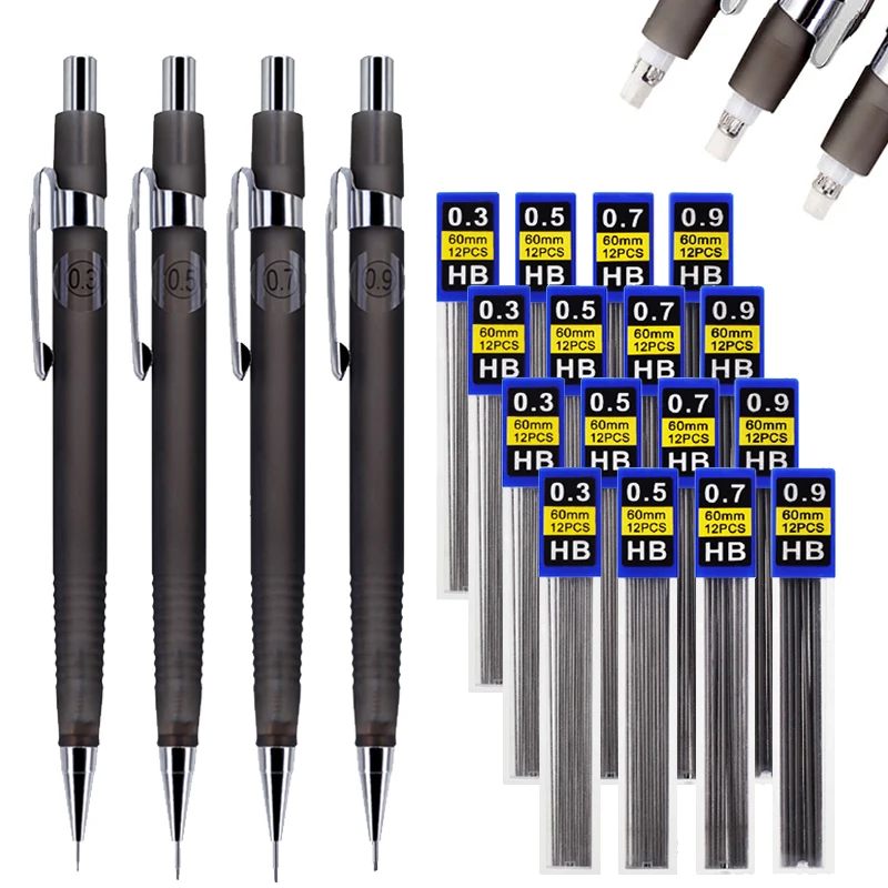 8pcs/set 0.3/0.5/0.7/0.9mm Mechanical Pencil Set with Built-in Eraser,Triangle Grip Automatic Pencil for School Writing Supplies