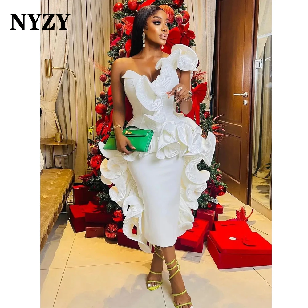 NYZY C355 Customized 2025 Satin Ruffles Tea-Length Off White Cocktail Dress for Party Prom Evening Birthday