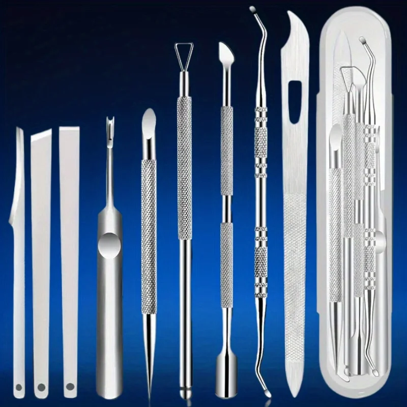 Ensemble de dissolvant de cuticules en acier inoxydable, outils de manucure et de pédicure inodores, lime à ongles, polissage des ongles pour usage domestique et en Salon, 1/9/10 pièces