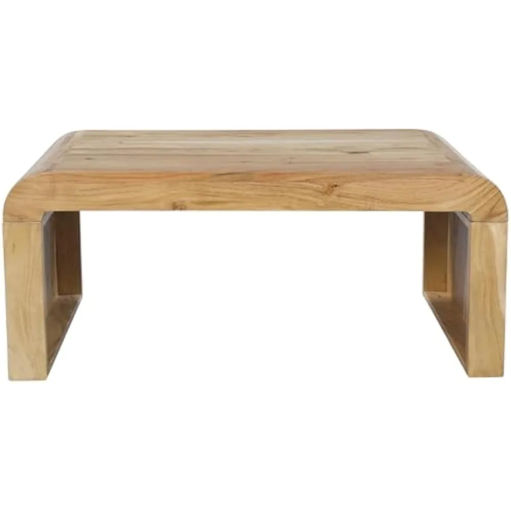 The Urban Port Mesa de centro en cascada de 36 pulgadas, madera de acacia natural hecha a mano, tapa de cascada curvada rectangular, marrón