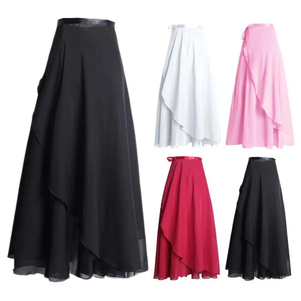 Women Dance Skirt High Waist Lace-up Multi-Layered Mesh Chiffon Long Skirt Solid Color Flowy Maxi Skirts Adult Ballet Skirt