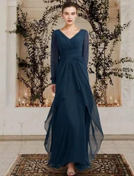 A-Line Mother of the Bride Dress Plus Size Elegant V Neck Floor Length Chiffon Long Sleeve with Ruched Ruffles Side-Draped 2022