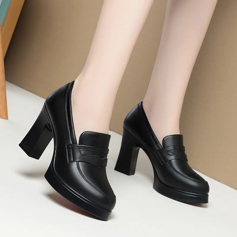 Fashion Comfortable Black Soft Leather Shoes Deep Mouth Spring 2024 Block Heels Shoes Women for Office Mom Model Versatile