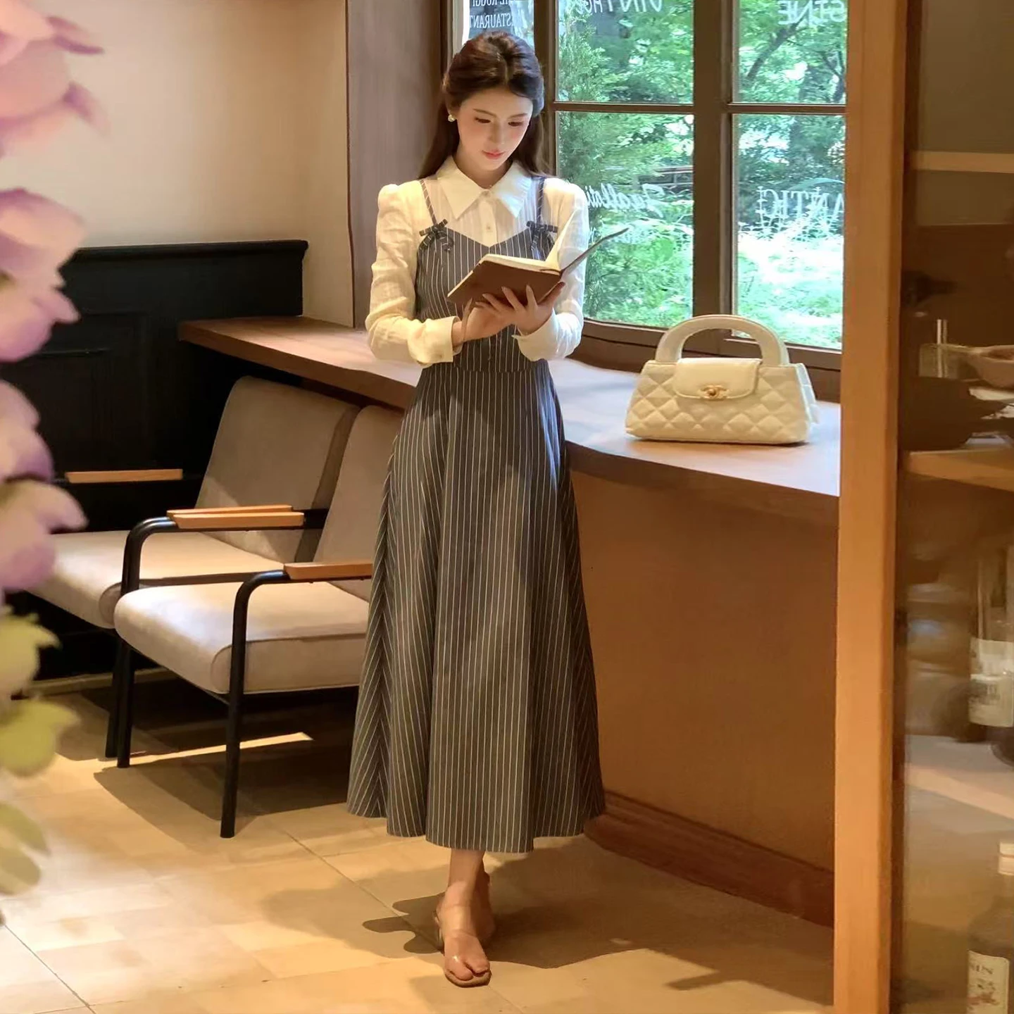 

LILI Tokyo Years Retro College Sle irt Dr ey Stripe Patcher Fake Two-Piece High Waist A-Line Skirt Long Sve Dr