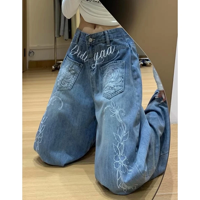 Women Jeans American Retro Washed Eans Rose Letter Embroidered Straight Leg Cutlass Denim Pants Casual Vintage Wide Leg Trousers